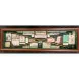 Boxed display of golfing memorabilia inc 2 wooden shafted clubs etc - 121cm x 35cm x 10cm deep