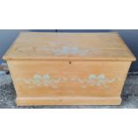 Antique stripped pine blanket box with stencil detail - 84cm x 48cm x 44cm high ~ has cracks to