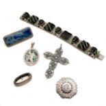 Antique silver brooch, large cross (7cm drop), south american pendant set with stone, black stone