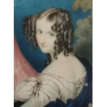 19th Century framed miniature, watercolour on paper, a young lady looking over her bejewelled