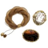Antique plaited hair bracelet, Victorian gilt metal swivel brooch with hand carved cameo panel &
