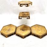 An assortment of brass oriental vase stands, 4 x hexagonal 11.5 cm diameter and a square stand, 9.