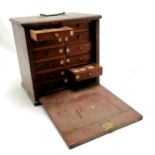 Antique mahogany coin collectors' cabinet, front locking flap has been forced and the hinges need