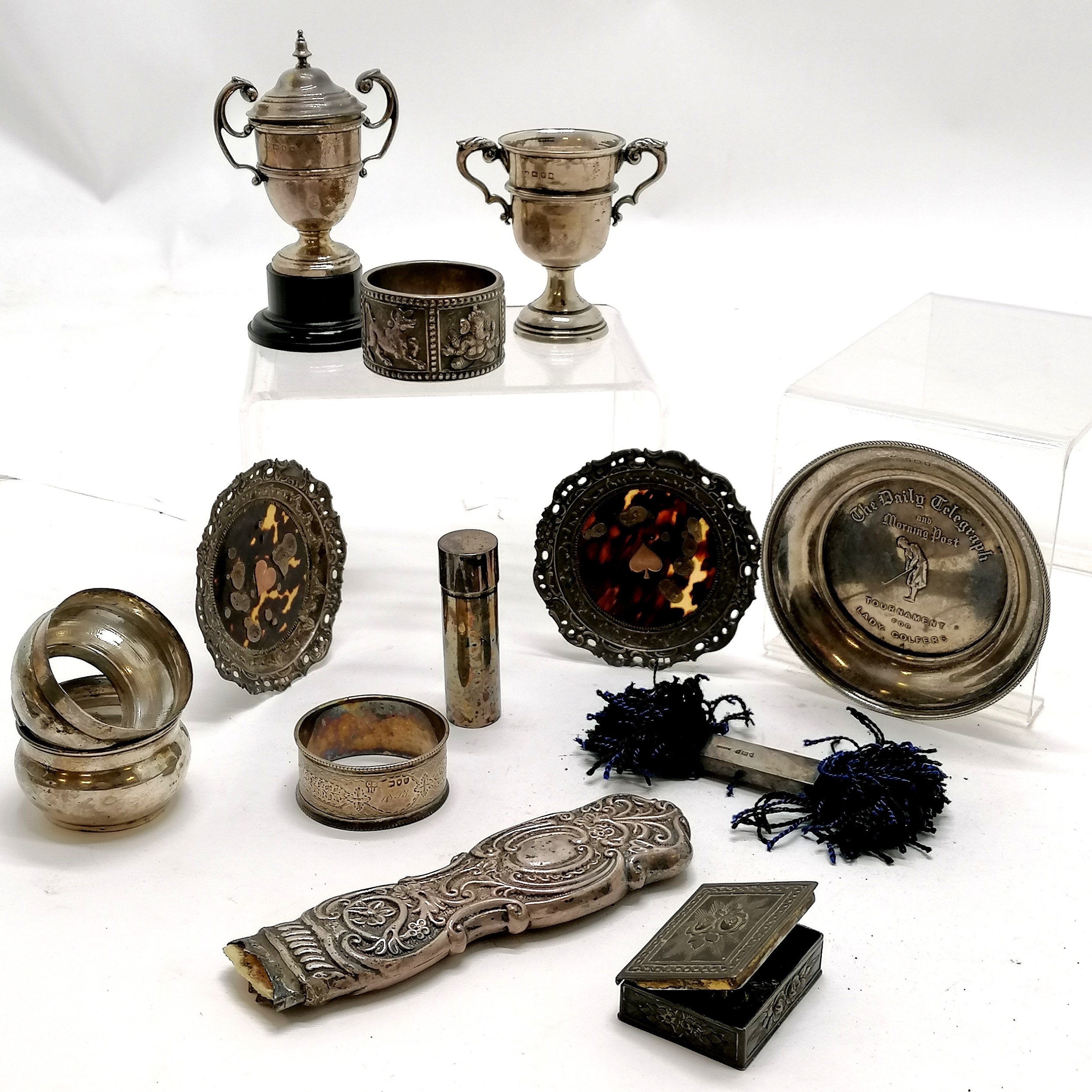 Quantity of mostly silver items incl. 2 trophy cups and a small Ladies Golf presentation dish 10cm