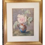 Ellen Genn (1827-1897) framed Cornish , watercolour , A still life of a rose in a glazed jug, signed