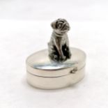 Silver marked oval pill box with dog sat atop - 17g & 3cm across