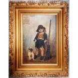 Framed EA Powell oil painting on canvas dated 24-9-09. A street urchin stands beside a broom and his