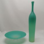 Robert Marshall 2005 , a large turquoise glass signed tazza with frosted base 31.7 cm diameter t/w a