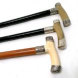 3 antique silver mounted walking sticks, malacca cane with ivorine handle 92cm long has a fracture