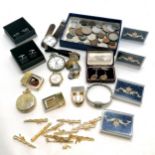 Mixed coins, boxed cufflinks, military & railway buttons, Naval badges etc