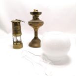 Thomas & Williams Ltd brass miners lamp t/w vintage brass oil lamp with opaque glass shade - 54cm