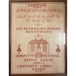 Early 20th century framed monotone sampler by Bessie Dakin aged 13 Cheveney Lodge, Quorn - 54cm x