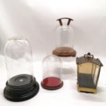 3 x vintage glass domes on turned wooden bases - tallest 32cm etc