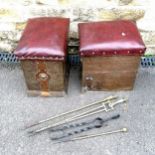 A pair of copper and brass clad coal boxes with leather seat tops t/w some fireside implements