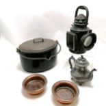 Antique enamelled cooking pot, antique lantern, has been electrified, pair of coasters and teapot.