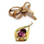 9ct hallmarked rose gold bow brooch t/w yellow gold purple stone pendant (3cm drop) - total weight