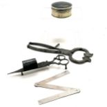 Antique steel sprung sugar breakers (23cm) t/w candle snuffers, circular lidded box & Ewbank (J