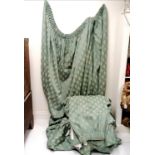 Two pairs of heavy weight interlined curtains in green and gold. One pair (each curtain) 280cm x