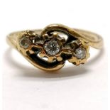 9ct hallmarked gold diamond 3 stone crossover ring - size L & 1.8g - SOLD ON BEHALF OF THE NEW