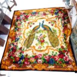 Antique chenille rug/table cover with peacock decoration. 155cm x 155 cm has an old repair to one