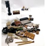 Qty of oddments inc goggles, Pall Mall whist marker, Arts & Crafts caddy spoon, book match vesta etc