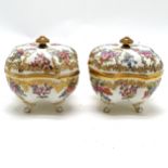 Continental antique pair of hand decorated unusual lobed pots on 4 scroll feet with lids terminating