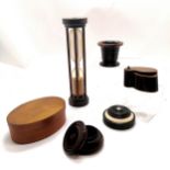 18 minute sand timer (33cm high), pestle & mortar, 2 turned wooden boxes (1 with unmarked silver &