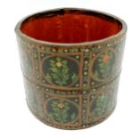 Hand decorated vintage Indian wooden grain measure with metal bands - 26cm diameter & 23cm high