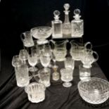 Large quantity of cut-glass items incl. 3 decanters (1 a/f) bowls, jugs and glasses etc. mostly in