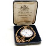 Antique gold plated gents open faced Dennison cased pocket watch (4.5cm diameter) with arabic