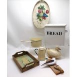 White enamel bread bin, saucepan and coffee pot, painted tray and another T/W 2 wooden bird figures.