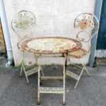 Folding metal garden table and 2 chairs. Table 72 cm x 53 cm x 75 cm high. Some losses to the paint