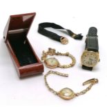 3 x vintage gold cased mechanical wind watches - the stepped case ladies watch is on a 9ct gold
