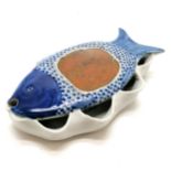 Antique Chinese blue & white decorated calligraphy dish in the form of a fish on a lily pad - 16cm