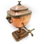 Antique copper bodied trophy shaped tea urn with 2 lion ring handles - 42cm high ~ has dents & old