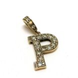 9ct hallmarked gold 'P' pendant set with white stones - 3.5cm drop & 4.5g total weight