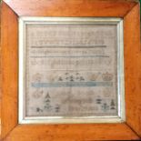 Small maple framed sampler dated 1818 by Anne Booth Sunning Hill - frame 21cm square ~ has some