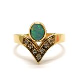 18ct indistinctly marked opal & diamond (7) wishbone design ring - size N½ & 5.1g total weight