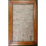 1762 early fine linen framed sampler - frame 45cm x 28cm - some small losses & discolouration