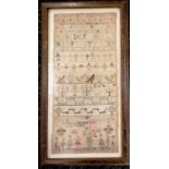 1749 framed sampler by Mary Trivet aged 9 - frame 50cm x 27cm and is in good overall condition