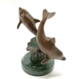 Contemporary bronze study of 2 dolphins on a turned marble base - 13cm high