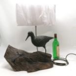 Unusual table lamp fashioned with a natural wood base & a wading bird & white new rectangular