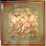 Antique hand painted panel of a courting couple in a later frame (75cm x 76cm) ~ some losses to