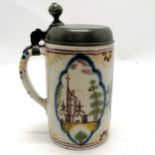 Antique 1827 dated Dutch Delft pewter lidded stein / tankard with 3 vignettes and 'R' & '4' marks to