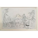 Mounted original pen and ink cartoon of old couple looking at sign by Terence "Larry" Parkes (1927–