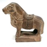 Antique Chinese terracotta horse 10cm high x 10cm long. has some remnants of paint decoration.