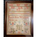 1885 framed sampler by Sarah Anne Williams (aged 9) - 67cm x 53cm - 2 small holes to the bottom.