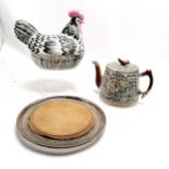 Price black and white chicken dish - 22cm high, Arthur Wood teapot (crack & staining to lid) t/w