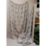 Two pairs of linen Blue and White lined curtains with a floral design in overall good used