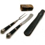 Antique campaign steel knife and 2 pronged fork with tortoiseshell & silver mounted handles (by R T)